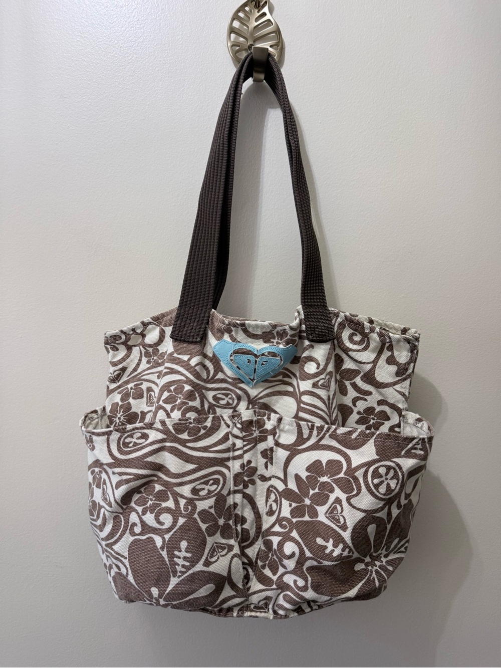 Y2K Roxy Surf Tropical Floral Tote Beach Bag Brown White Logo Bratz Baddie Skate